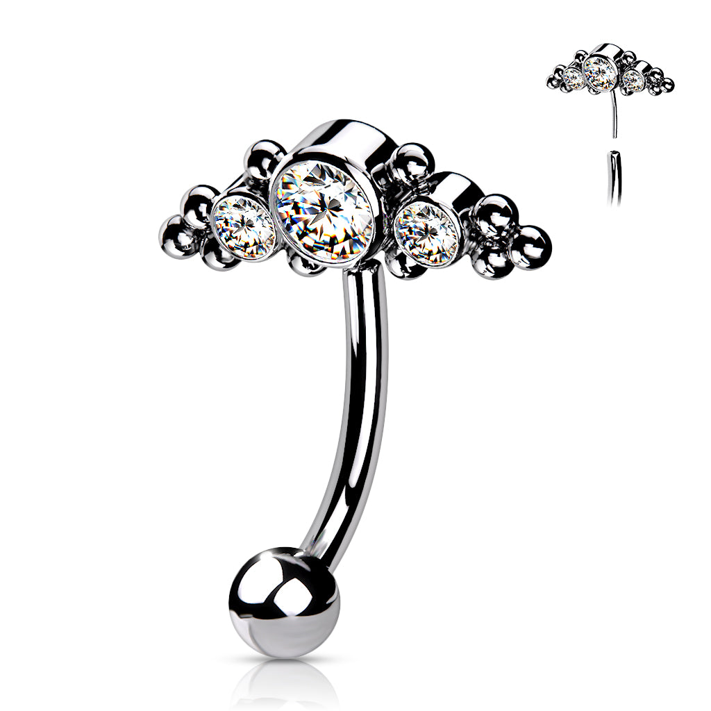 16G Titanium Threadless (Push In) 3 Bezel Set CZs (8mm) For Eyebrow